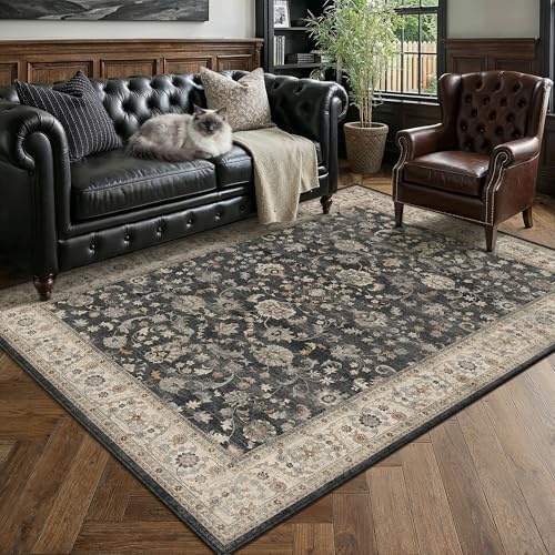 PureCozy Black Beige Area Rug 5x7 Vintage Floral Distressed by PureCozy