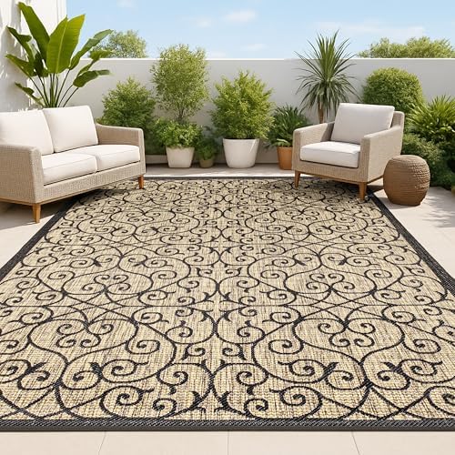 JONATHAN Y Vintage Filigree Indoor Outdoor Area Rug 4X6 Black/Khaki, Madrid Textured Weave for Backyard, Patio, Porch, Easy-Cleaning, High Traffic, Pet-Friendly, Non-Shedding (SMB107A-4) by JONATHANY