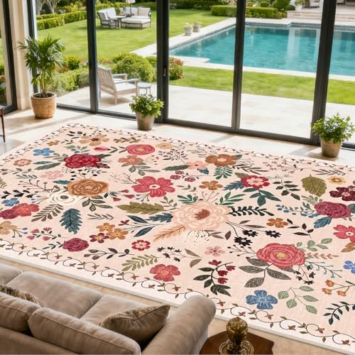 Extra Large 10x14 Area Rug for Living Room, Washable Rugs for Dining Room, Bedroom, Non Slip Stain Resistant Carpet, Low Pile Vintage Floral Rug (Beige Red) - Image 4
