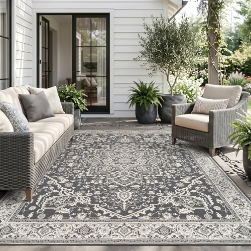 AMOAMI-Outdoor Rug-Patio Rug 8x10 ft Quick Dry Flatweave Textured Machine Washable Outdoor Carpet with Rubber Backing Vintage Outdoor Area Rug for Patio Deck Front Porch Balcony Greyish Black by AMOAMI
