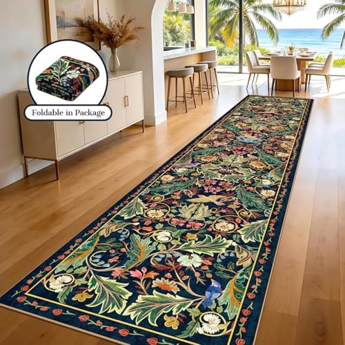nesrt 3'x14' Washable Extra Long Boho Runner Rug, Soft Non-Slip Hallway Kitchen Carpet Runner, Thin Jungle Bird Indoor Decor Rug for Farmhouse, Living Room, Bedroom (Dark Green) - Image 3