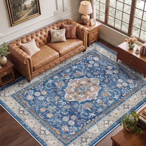 SameBed 6x9 Area Rug Living Room, Vintage Washable Carpet Blue by SameBed