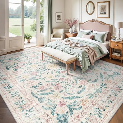 8x10 Area Rugs, Machine Washable Low Pile Floral Rugs for Living Room, Bedroom, Large Boho Area Rug with Non-Slip Backing for Dining Room(Pink Bloom) - Image 5