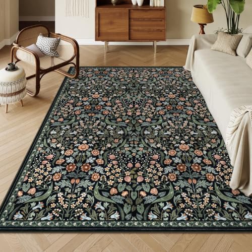 Moynesa Vintage Floral Area Rug 8x10, Black Washable Rugs for Living Room by Moynesa