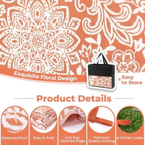 Findosom Waterproof Outdoor Rug 6' x 9' - Reversible Mandala Outdoor Plastic Straw Rug, Durable Foldable Patio Rug for RV, Deck, Balcony, Backyard, Picnic, Porch, Camping, Beach, Orange - Image 5