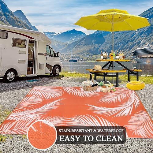 Pauwer Waterproof Outdoor Rug 6x9, Plastic Straw Patio Mat, Leaf Orange - Image 5