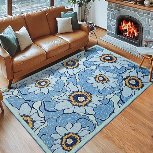 Area Rug 4x6 Blue Rug Washable Boho Rugs Non Slip Vintage Rugs Low Pile Floral Small Carpet for Living Room, Bedroom, Bedside, Kids Room, Office, Dining Room - Image 3