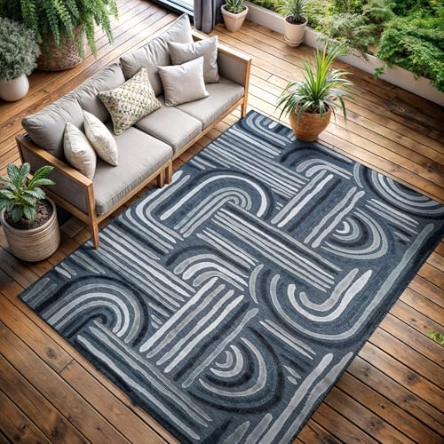 CAMILSON Indoor Outdoor Rug, Navy Blue 9x12 Geometric Arch Striped Large Area Rugs for Patio and Home Areas, Easy-Cleaning Non-Shedding Living Room, Garden and Deck Washable Outside Carpet (9 x 12) - Image 4