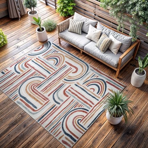 CAMILSON Indoor Outdoor Rug, Multicolor 8x10 Geometric Arch Striped Area Rugs for Patio and Home Areas, Easy-Cleaning Non-Shedding Living Room, Garden and Deck Washable Outside Carpet (8 x 10) by CAMILSONIndoorOutdoorAreaRugs