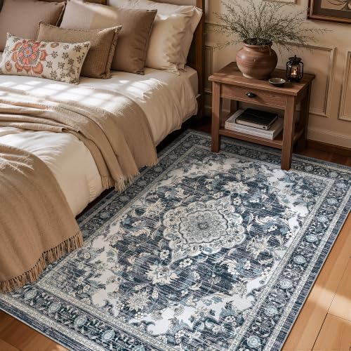3x5 Boho Washable Area Rugs, Non Slip Indoor Foldable Carpets, Dark Blue - Image 2