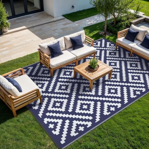 GENIMO Outdoor Rug, Waterproof Plastic Rugs for Patio, 8'x10' Blue White - Image 2