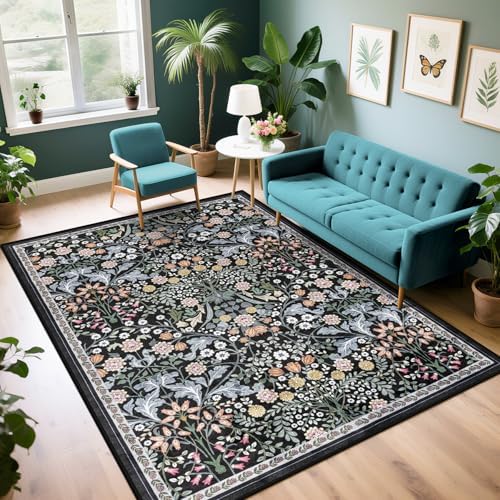 PLHXFR 6x9 Area Rug Living Room: Floral Washable Boho Carpet Dark Black by PLHXFRSoftAreaRugs