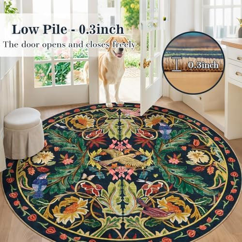 nesrt Jungle Round Area Rugs 8ft for Living Room, Soft Non-Slip Boho Circle Bedroom Rug, Washable Low Pile Floral Woodland Birds Throw Carpet for Dining Room Nursery Playroom (Dark Green) - Image 3