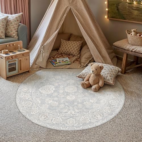 3x3 Blue Cream Neutral Round Rug - Image 2