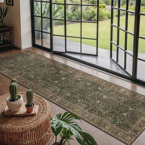 Bavni 2x8 Kitchen Runner Rug, Washable Non Slip, Dark Green Brown - Image 2
