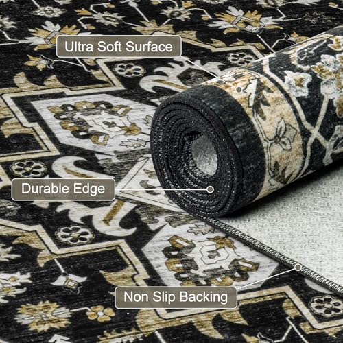 Round Area Rug for Living Room: 8ft Boho Washable Rug Black Gold - Image 6