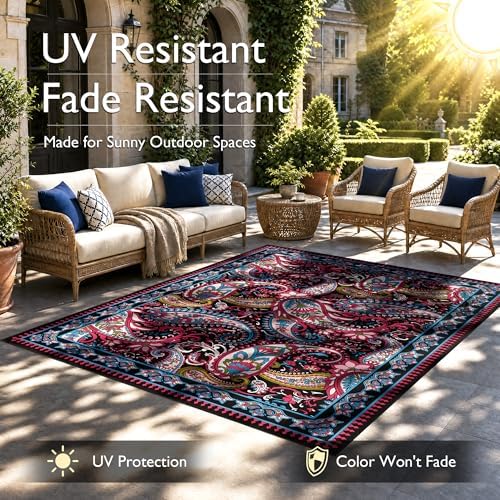 Arenarug Paisley Waterproof Outdoor Rug 8x10, UV Resistant, Magenta‌ - Image 2