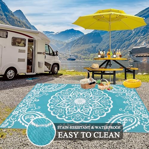 Pauwer Outdoor Rug 6x9, Waterproof Plastic Straw Camping Rug, Boho Teal - Image 5