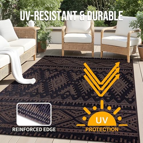 OLANLY Outdoor Rug 5x8 ft Waterproof Reversible Boho Mat, Black & Brown - Image 4