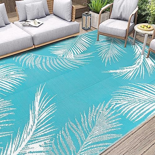 Pauwer Waterproof Outdoor Rug 9x12, Plastic Straw Patio Mat, Leaf Teal - Image 5