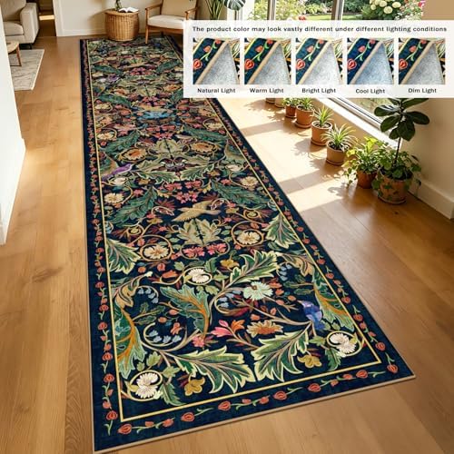 nesrt 3'x14' Washable Extra Long Boho Runner Rug, Soft Non-Slip Hallway Kitchen Carpet Runner, Thin Jungle Bird Indoor Decor Rug for Farmhouse, Living Room, Bedroom (Dark Green) - Image 4