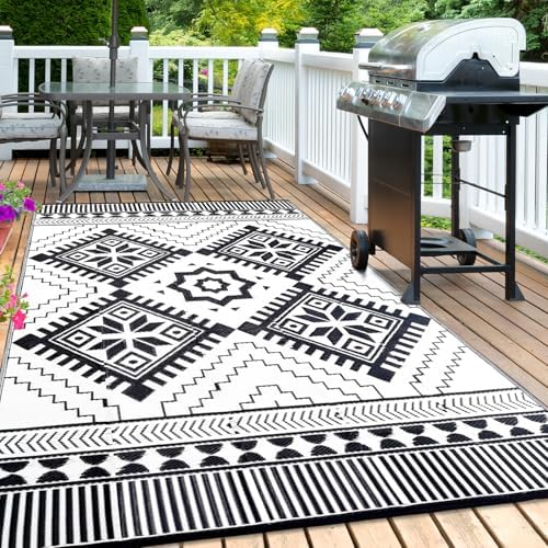 Waterproof Outdoor Rug 6x9ft, Boho Reversible Plastic Straw Mat for Patio RV Deck Porch Backyard Balcony Camping Picnic Beach Indoor Outdoor Carpet, Black&White - Image 6