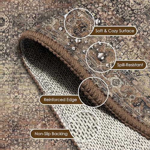 Washable Area Rug 4' x 6' Vintage Traditional Persian Mat - Foldable Distressed Non-Slip Machine Washable Carpet for Living Room Bedroom Kitchen Home Decor - Umber and Slate - Image 6