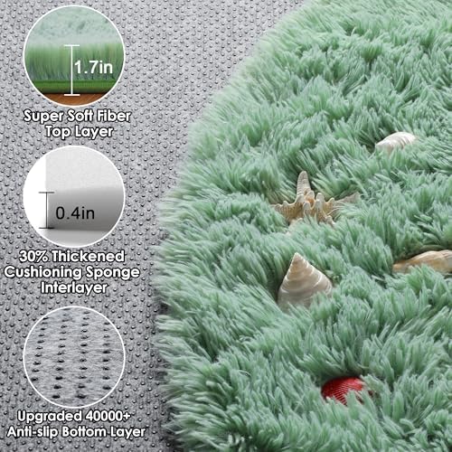 Sage Green Fluffy Round Rug Circle Area Rugs 4ft for Kids Teen Bedroom - Image 2