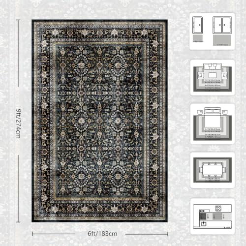 6x9 Area Rugs - Washable Vintage Retro Living Room Rug, Soft Ultra Thin Non Slip Low Pile Traditional Distressed Boho Carpet for Bedroom Dining Room Nursery Home Office, Black & Gold - Image 2