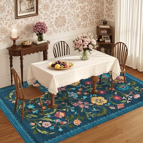 GarveeHome Washable Rug 5x7 Area Rugs for Living Room, Floral Rug for Bedroom, Soft Boho Non Slip Throw Rugs with Rubber Back, Low Pile Stain Resistant Vintage Floral Carpet for Dining Room, Blue - Image 3