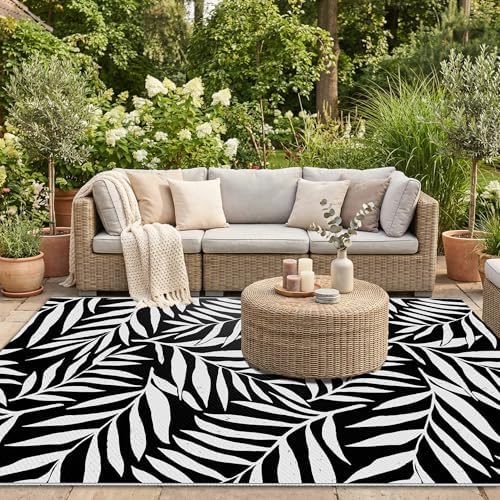 Smiry Outdoor Rug 5x8 ft Waterproof Reversible Leaf Mat, Black & White - Image 5