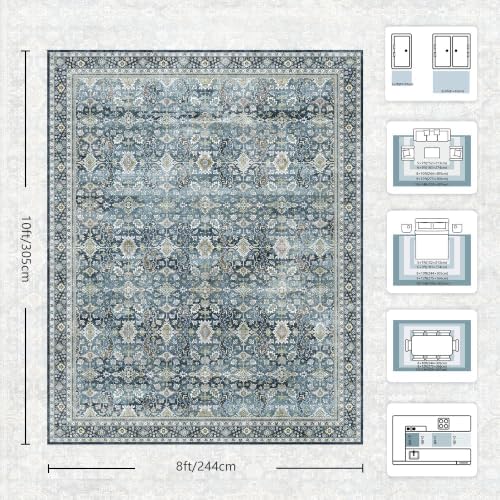 8x10 Area Rugs for Living Room - Washable Vintage Retro Large Rug, Soft Ultra Thin Non Slip Low Pile Traditional Distressed Boho Carpet for Bedroom Dining Room Home Office, Blue - Image 2