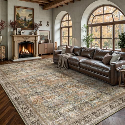 6x9 Area Rugs - Washable Vintage Retro Living Room Rug, Soft Ultra Thin Non Slip Low Pile Traditional Distressed Boho Carpet for Bedroom Dining Room Nursery Home Office, Beige & Terracotta by Yarooge