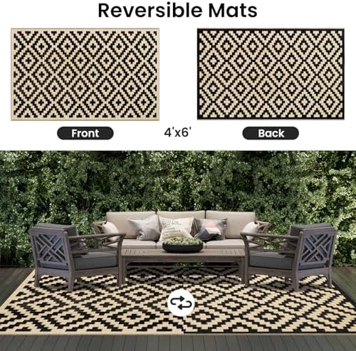 Smiry Outdoor Rug 4x6 ft Waterproof Reversible Boho Mat, Black & Beige - Image 3