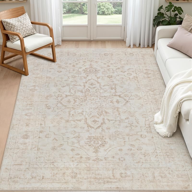 5x7 Area Rugs Living Room: Bedroom Washable Carpet Warm Beige by Luxturiy