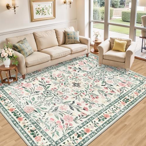 PLHXFR 6x9 Area Rug Living Room: Floral Washable Boho Carpet Green Beige - Image 2
