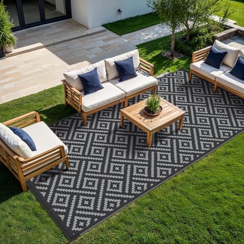 GENIMO Outdoor Rug, Waterproof Plastic Rugs 9'x18' for Camping Black Grey - Image 3