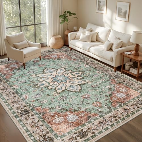 9x12 Area Rugs Living Room: Washable Rug for Bedroom Brown Green - Image 3