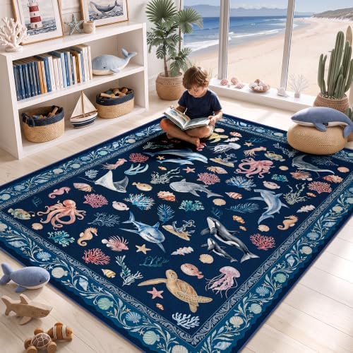 Arenarug Coastal Area Rug 3x5 Washable Ocean Beach Bedroom Rug, Deep Navy - Image 3