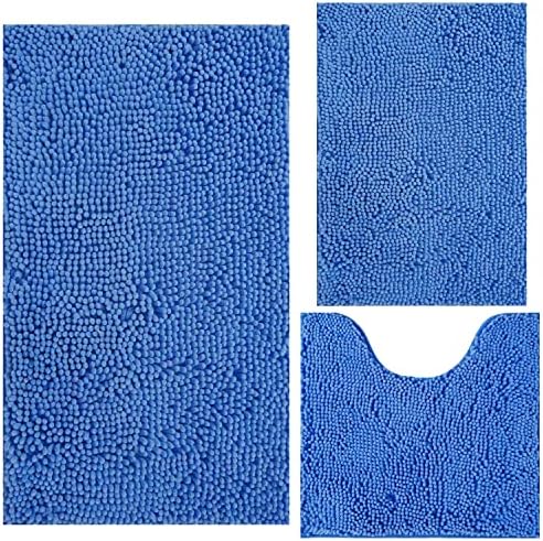 Bathroom Rugs Chenille 3-Piece Extra Soft and Absorbent Shag Bathroom Rugs, Machine Wash Mat, Strong PVC Non-Slip Underside, Plush Carpet Mats (Snow Cyan) by BOANKODU