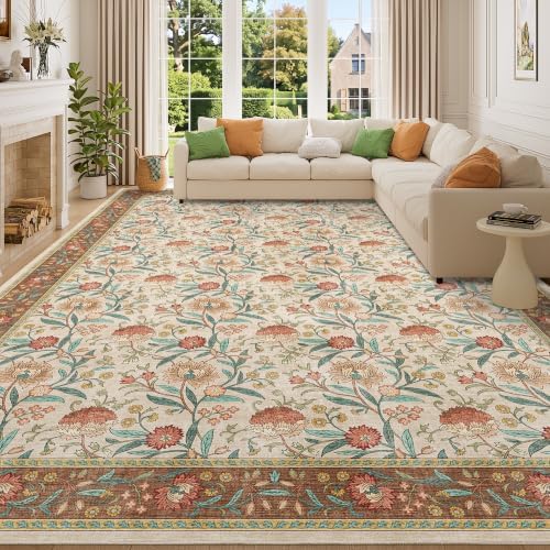 DUKINO 10x14 Area Rugs for Living Room, Washable Vintage Floral Rug, Brown by DUKINO