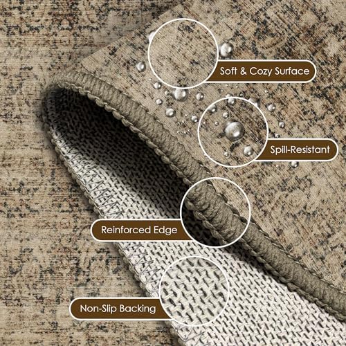 Washable Area Rug 4' x 6' Vintage Traditional Persian Mat - Foldable Distressed Non-Slip Machine Washable Carpet for Living Room Bedroom Kitchen Home Decor - Mocha and Taupe - Image 6
