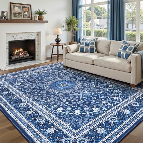 6x9 Area Rugs for Living Room, Washable Non-Slip Rug, Oriental Dark Blue by Lofus