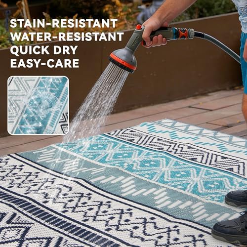 Outdoor Rug 6 x9 ft, Plastic Rug for Patio, Blue & Grey - Image 4