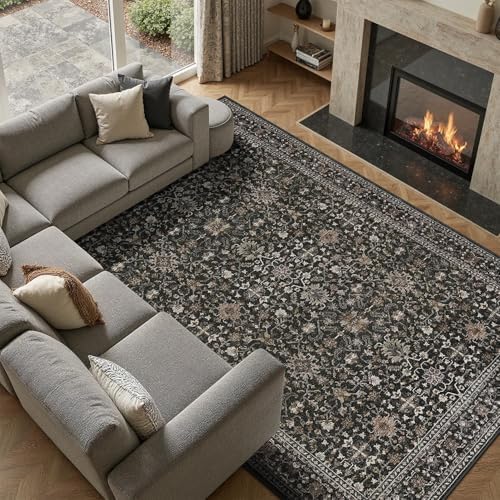 DCX Black 8x10 Rug, Kid & Pet Friendly with Rubber Back Non Slip, Machine Washable Stain Resistant Vintage Traditional Distressed Carpet, Rug for Living Room, Bedroom, Home Decor - Image 3