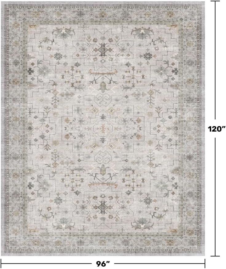 Light Gray & Sage Living Room Rug 8x10 - Washable Boho Low Pile Large Area Rug for Dining Room, Bedroom Carpet, Distressed Vintage Floral Design, Low Pile Stain Resistant - Image 2