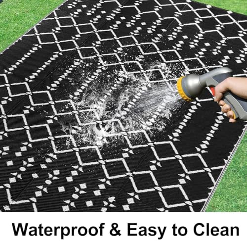 Smiry Outdoor Rug 9x12 ft Waterproof Reversible Boho Mat, Black - Image 2