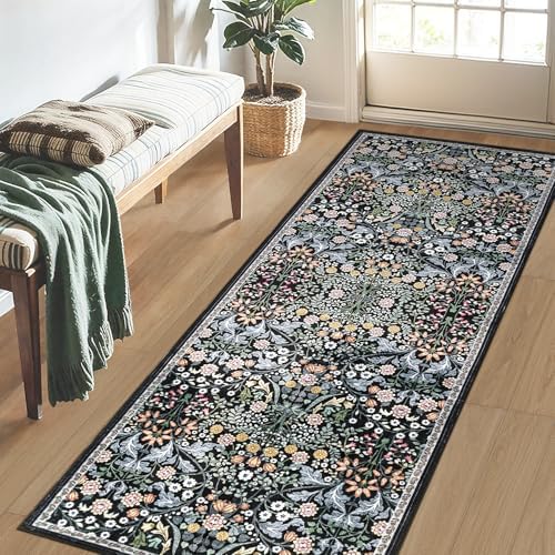 PLHXFR 2x5 Washable Runner Rug：Floral Indoor Kitchen Carpet Dark Black - Image 3