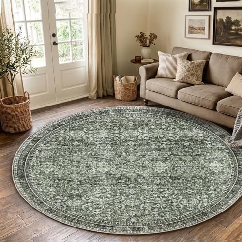 Sasttie Round Rug 8ft, Ultra-Soft Washable Rug for Living Room, Dark Green by SASTTIE