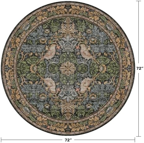 Washable Round Area Rugs 6ft for Living Room, Green Forest Soft Non-Slip Circle Rug with Rubber Backing, Vintage Large Boho Floral Bird Carpet for Bedroom, Kitchen, Nursery, Stain Resistant - Image 2